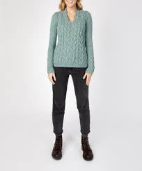 IrelandsEye Horseshoe Cable V Neck Sweater - Ocean Mist (A644)