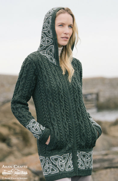 Aran Crafts - Celtic Jacquard Hood Coat (Army Green)