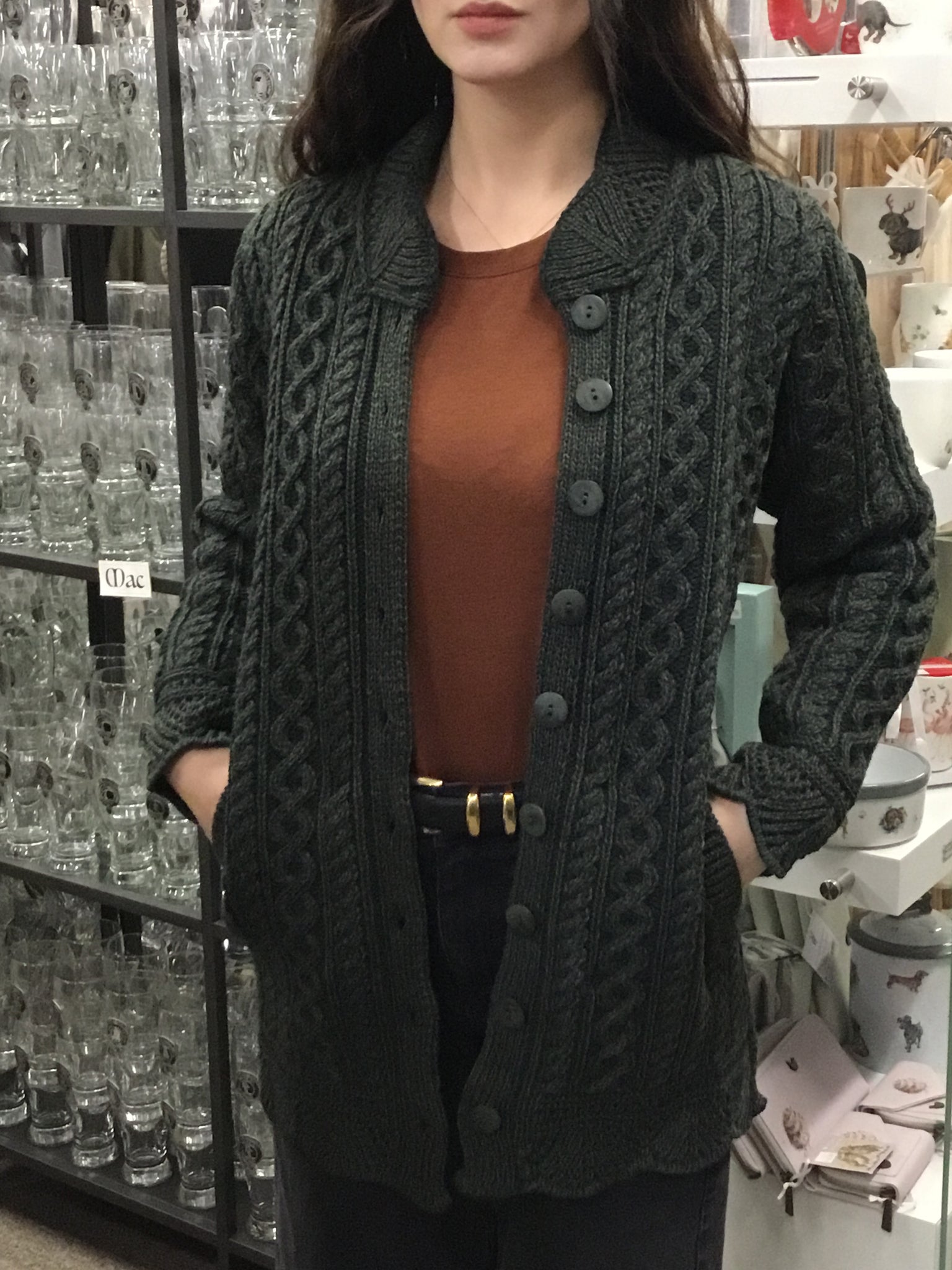 Aran Crafts - Short Plated Scallop Jacket (Army Green Mix)