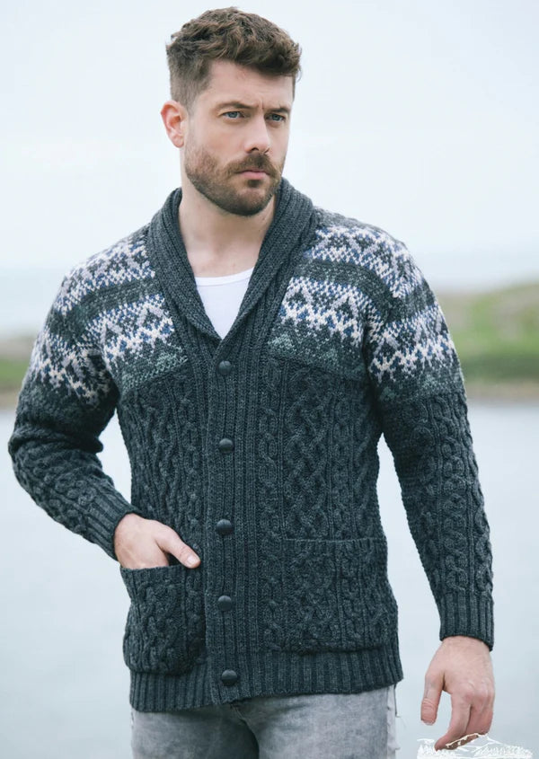 Aran Crafts - Shawl Cardigan with Fairisle (Charcoal)