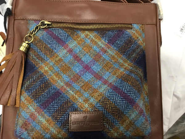 Leather Guild Iona Bag Brown Leather with blue tartan