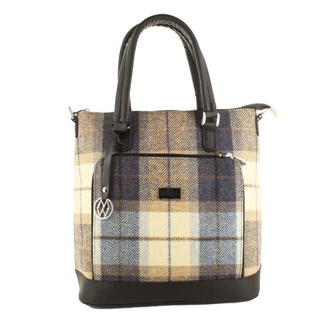 Mucros Weavers Ciara Tweed Bag - Tan and Blue Tartan