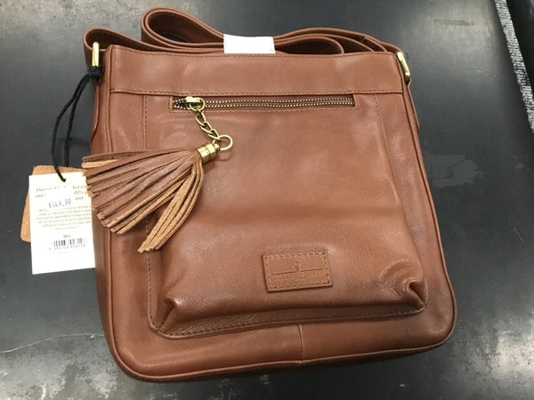 Leather Guild Iona Bag Brown Leather with blue tartan