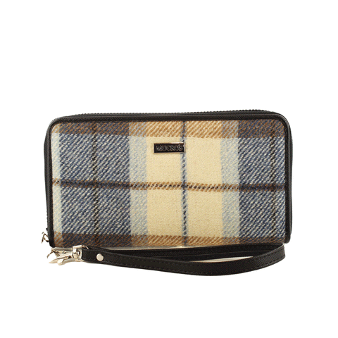 Mucros Weavers Tweed Wallet - Tan and Blue Tartan