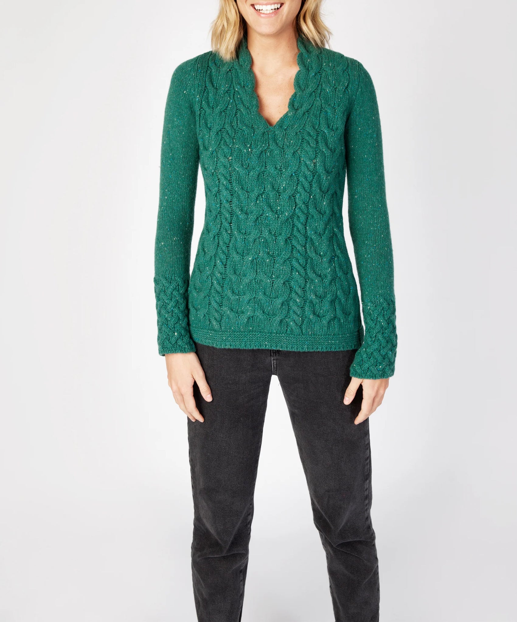 IrelandsEye Horseshoe Cable V Neck Sweater - Green Garden (A644)