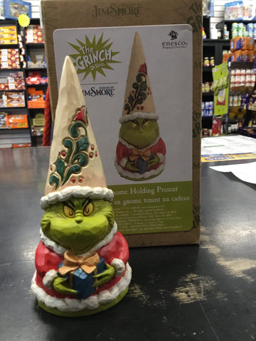 Jim shore grinch gnome holding present