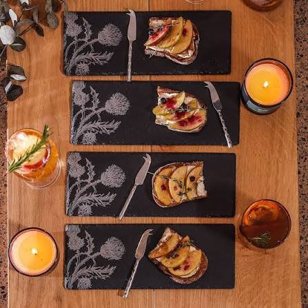 Selbrae house Mini slate and cheese knife boards Thistle trio