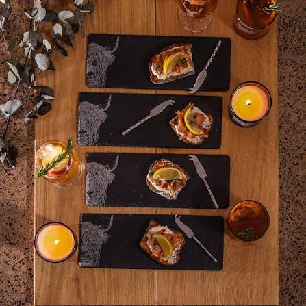 Selbrae house Mini slate and cheese knife boards highland cow
