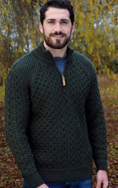 Aran Crafts - Pullover Neck 1/2 Zip - Army Green- X4921
