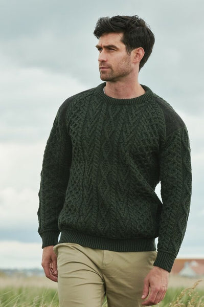 Aran Crafts - Sligo Crew Neck w/Tweed Shoulder - Army Green - T24