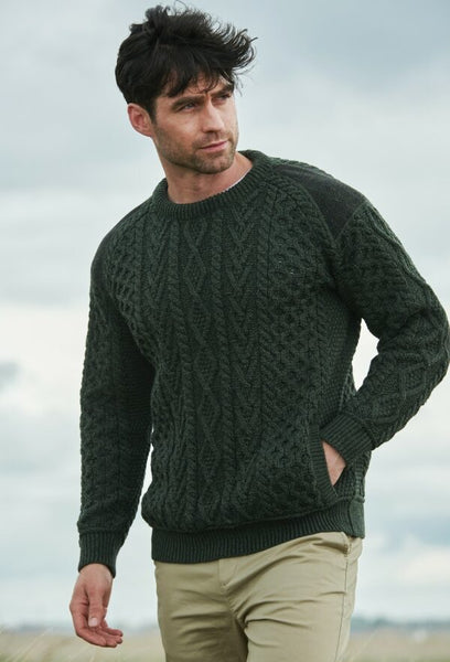 Aran Crafts - Sligo Crew Neck w/Tweed Shoulder - Army Green - T24