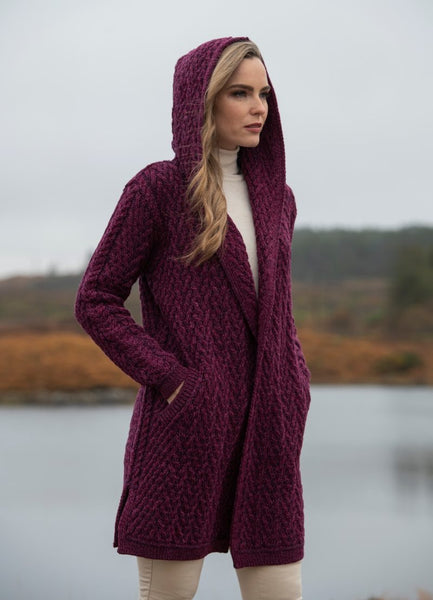 Aran Crafts - Long Herringbone Shawl Hooded - Purple Mix - HD4872