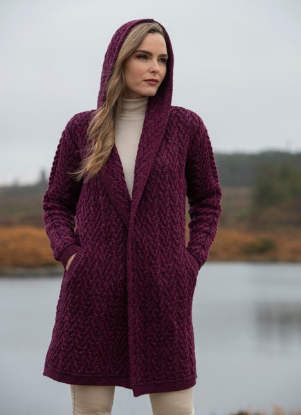 Aran Crafts - Long Herringbone Shawl Hooded - Purple Mix - HD4872
