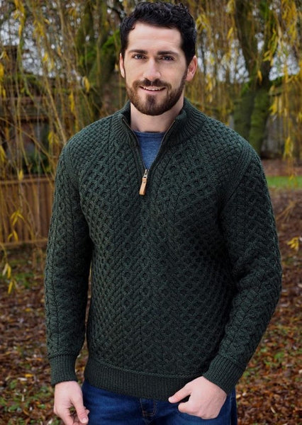 Aran Crafts - Pullover Neck 1/2 Zip - Army Green- X4921
