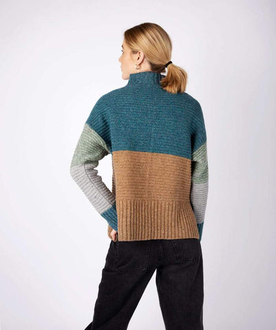 IrelandsEye Iris Contrast Panel Funnel Neck Sweater - Blue/Tan