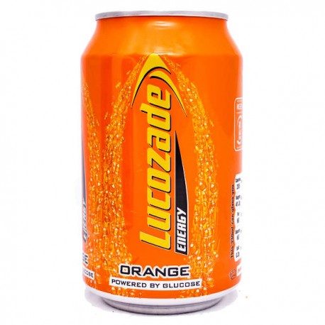 Orange Lucozade cans